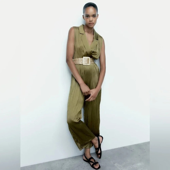 Zara Satin Effect Jumpsuit With  Belt in Olive Green NWT Size Small - Picture 2 of 12